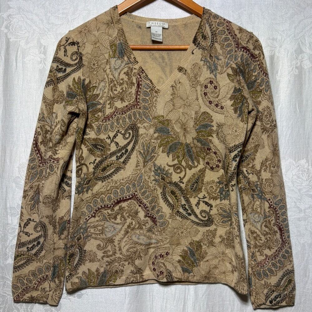 Vintage Tweeds Cashmere Sweater Medium Tan Floral Paisley 2 Ply 90s V Neck